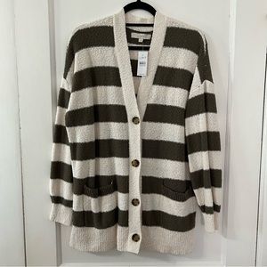 LOFT Ann Taylor cardigan sweater womens size L stripes v-neck green white cream
